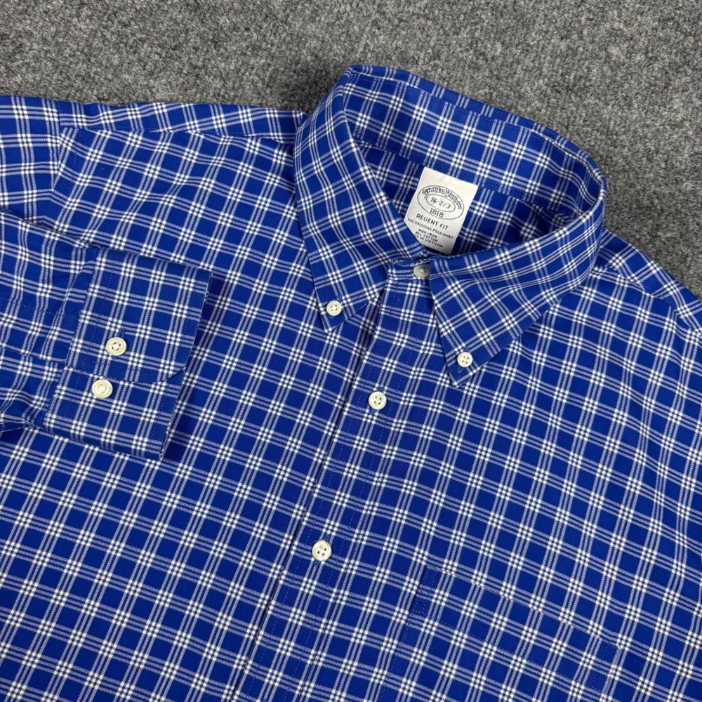 Brooks Brothers 1818 Regent Fit Non-Iron Plaid Shirt Blue White 16 2/3 Mens